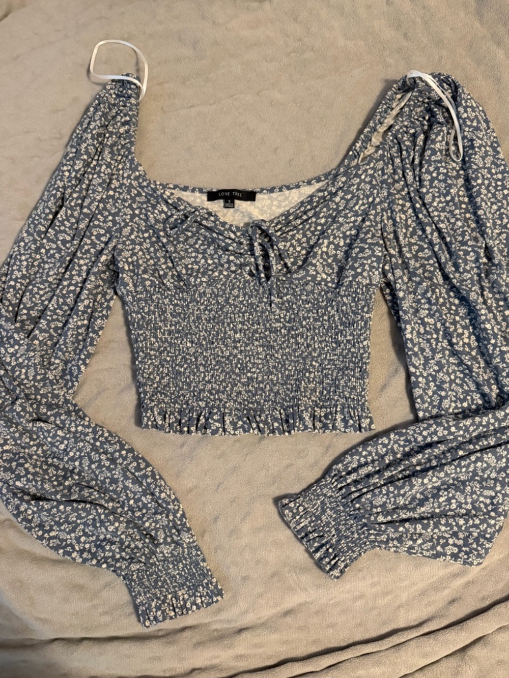 Blue Floral Smocked Long-Sleeve Crop Top